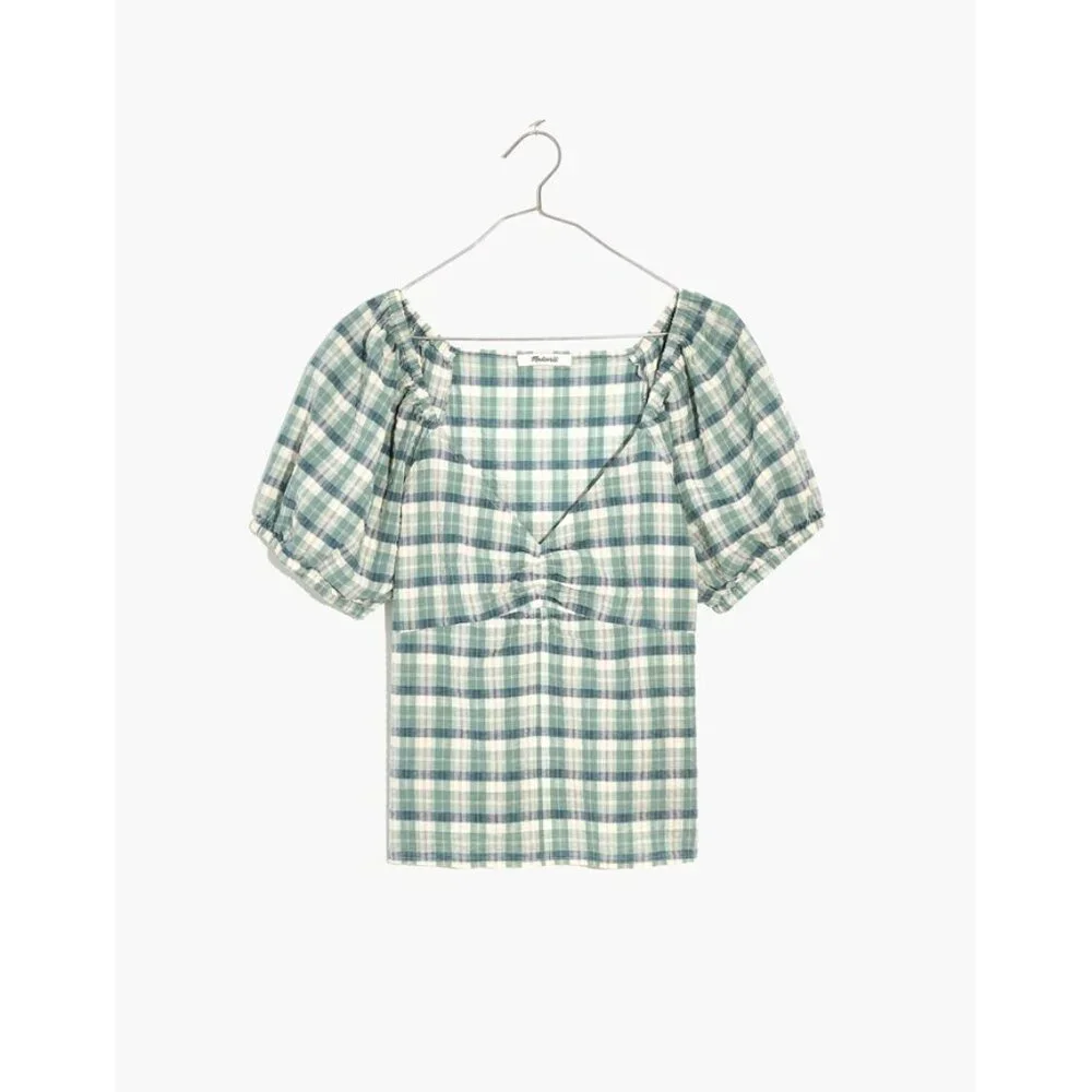 Madewell Plaid Puff-Sleeve Ruched Bodice Top S